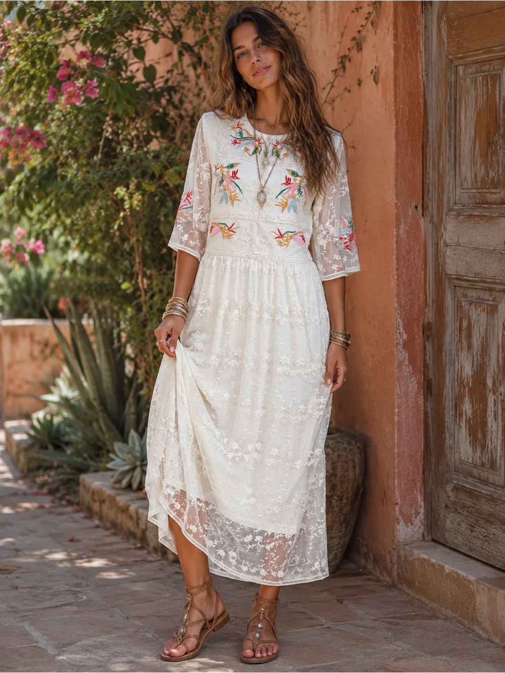 Lace Embroidered Midi Dress M  Boho Flowy Romantic Wedding Vintage Aesthetic